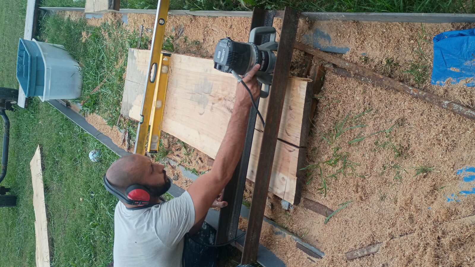 Planing in progress — sawdust everywhere
